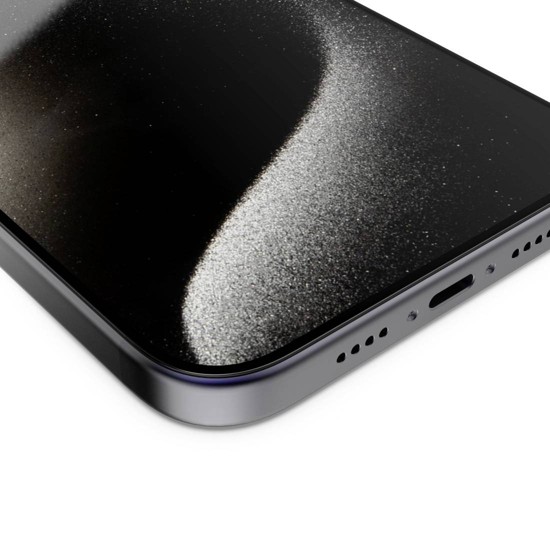 Gros plan sur un coin de smartphone avec un écran incurvé, un châssis métallique noir et vue sur le haut-parleur et le port de charge.