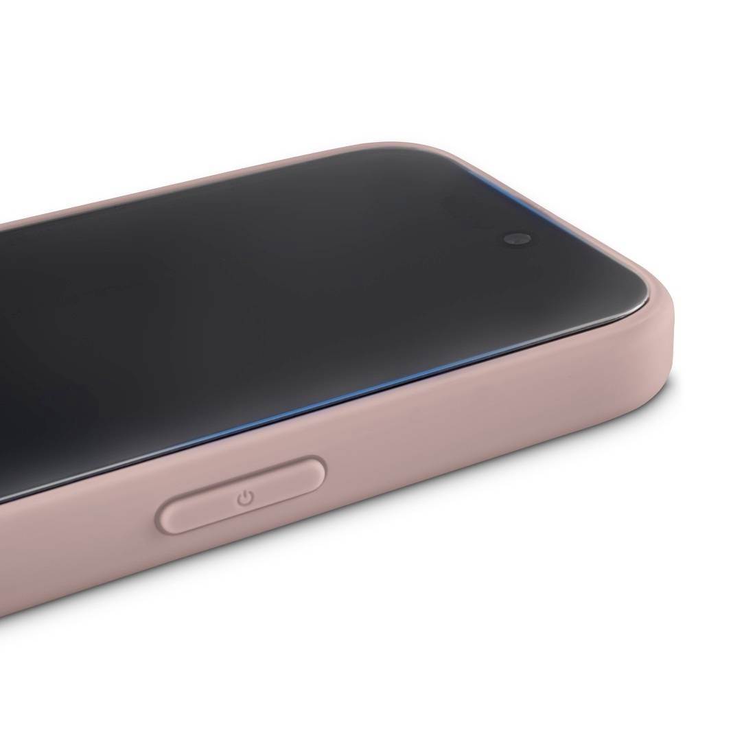 Un smartphone rose avec un écran noir et un bouton marche/arrêt sur le côté.