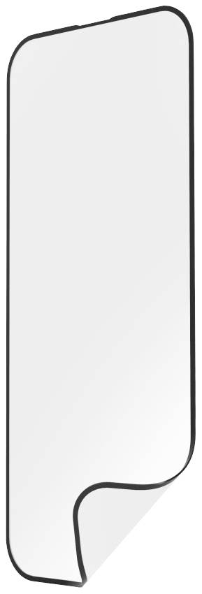 Un protecteur d'écran transparent qui épouse la forme d'un smartphone, avec des coins arrondis et un coin inférieur légèrement plié.