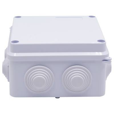 Boîte de raccordement blanche, carrée, aux coins arrondis et avec des ouvertures circulaires sur les côtés. Adaptée pour les connexions électriques.