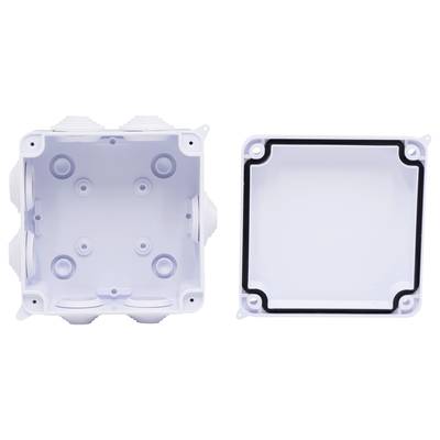 Une prise électrique blanche en plastique, ouverte avec son couvercle séparé. Des trous de vis et des entrées de câbles sont visibles.