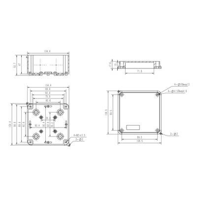 Dessin technique d'un composant rectangulaire avec dimensions et trous de perçage. Présente la vue de face, la vue latérale et la vue de dessus.
