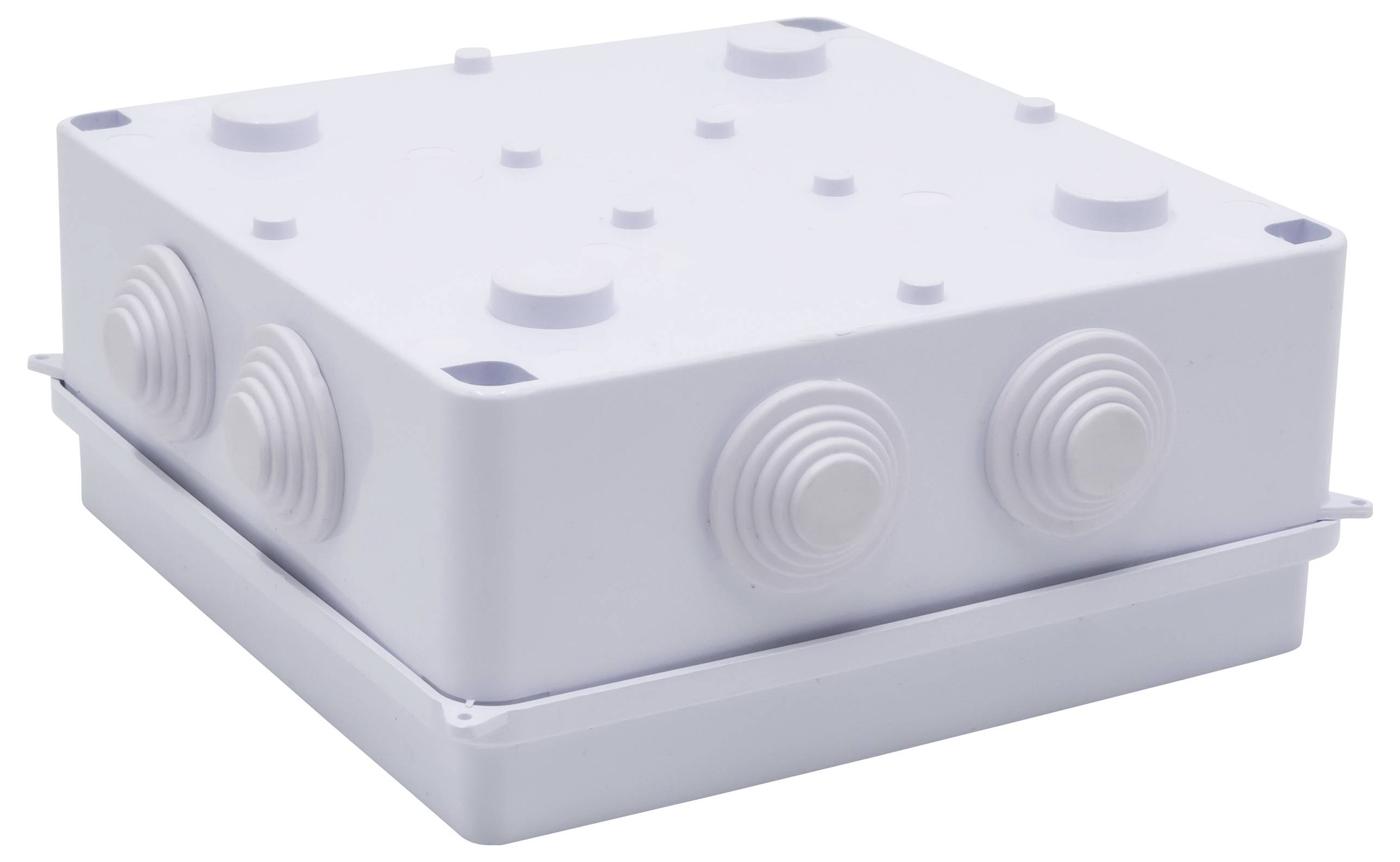 Boîte de dérivation blanche, carrée, avec plusieurs entrées de câbles sur le dessus et sur les côtés. Adaptée pour les installations électriques.