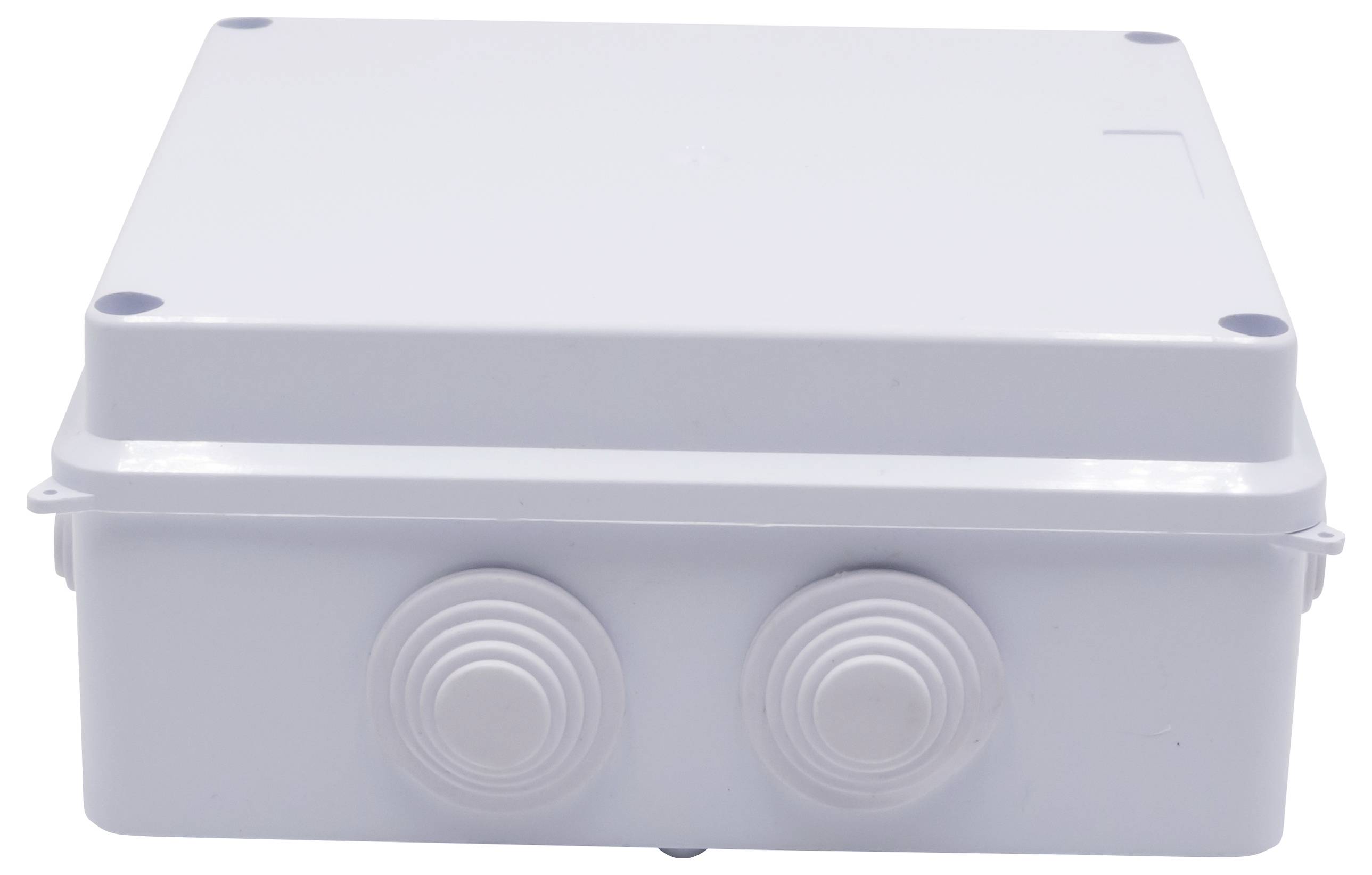 Un boîtier rectangulaire en plastique gris avec deux ouvertures rondes sur la face avant, adapté pour des composants électroniques.