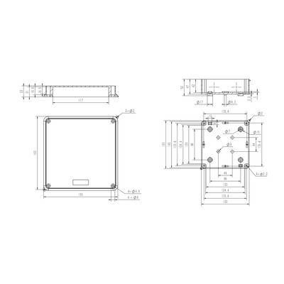 Dessin technique d'un dispositif carré avec dimensions et trous de perçage, incluant une vue latérale et une vue du dessous.