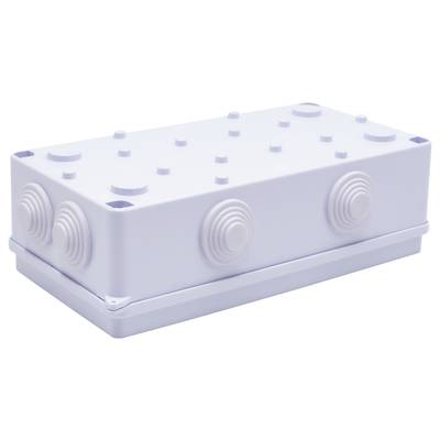 Un boîtier rectangulaire blanc en plastique avec des couvercles ronds amovibles sur les côtés, utilisé pour les installations électriques.