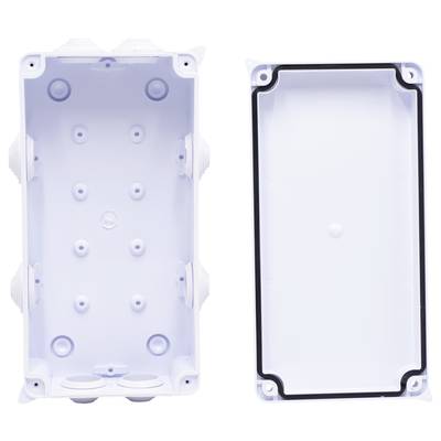 Moitiés de boîtiers en plastique blanc rectangulaires, un côté ouvert, l'autre fermé. Utilisation : protection et couverture de composants électriques.