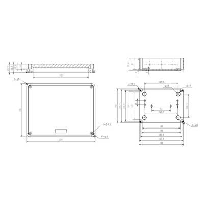 Dessin technique d'un boîtier rectangulaire avec dimensions en millimètres. Présente les vues de face, de côté et de dessus avec les positions des trous de perçage.