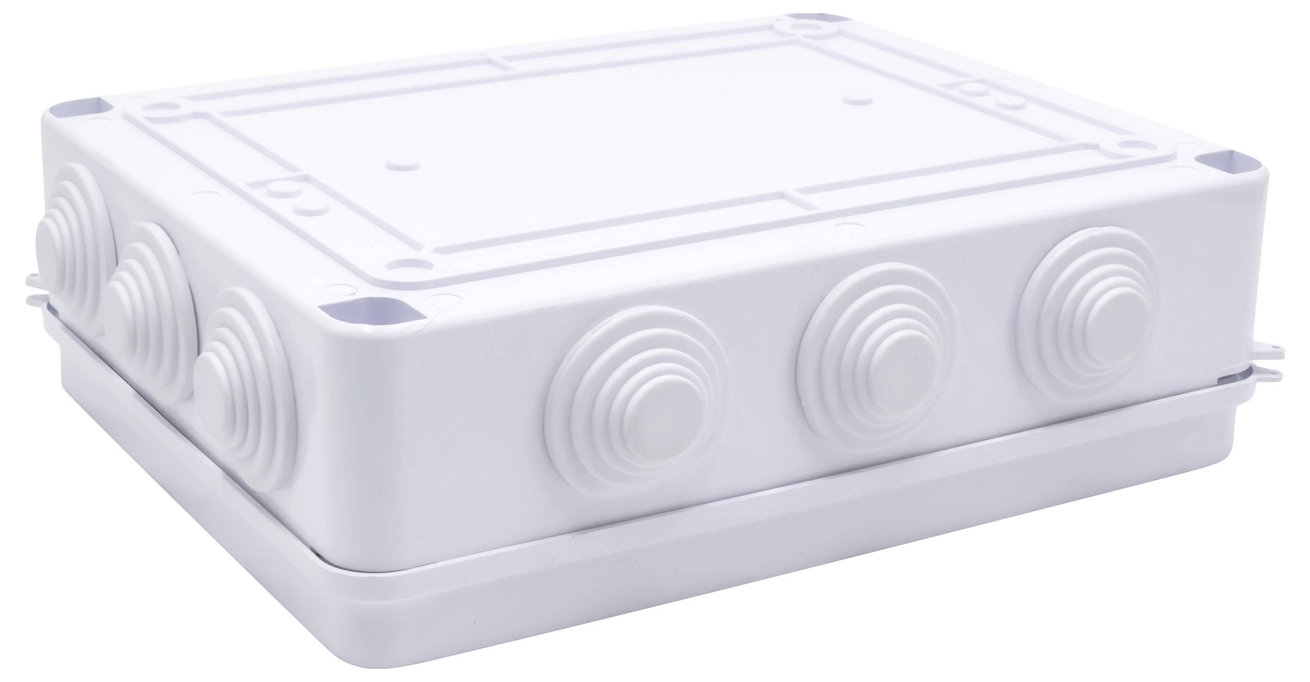 Boîte de jonction en plastique blanc avec plusieurs entrées de câbles sur les côtés. Elle est destinée à assurer une connexion électrique sûre et à protéger les connexions.