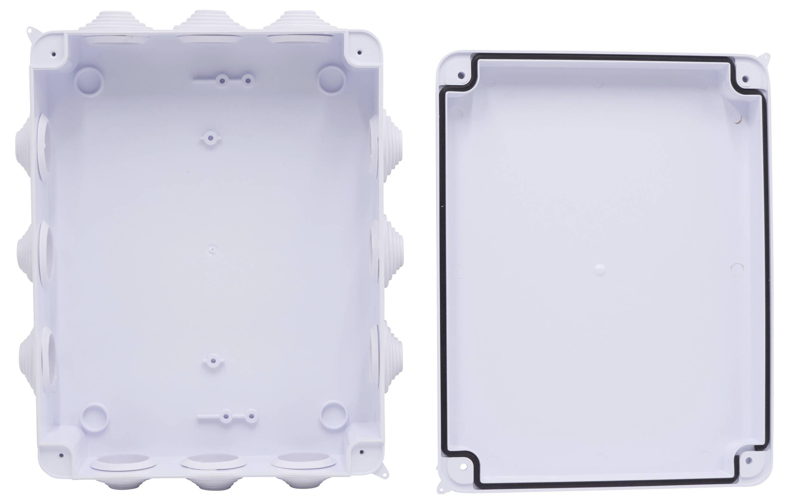 Boîtier électronique en plastique, composé d'un boîtier ouvert et d'un couvercle amovible avec joint d'étanchéité, adapté pour les installations électriques.