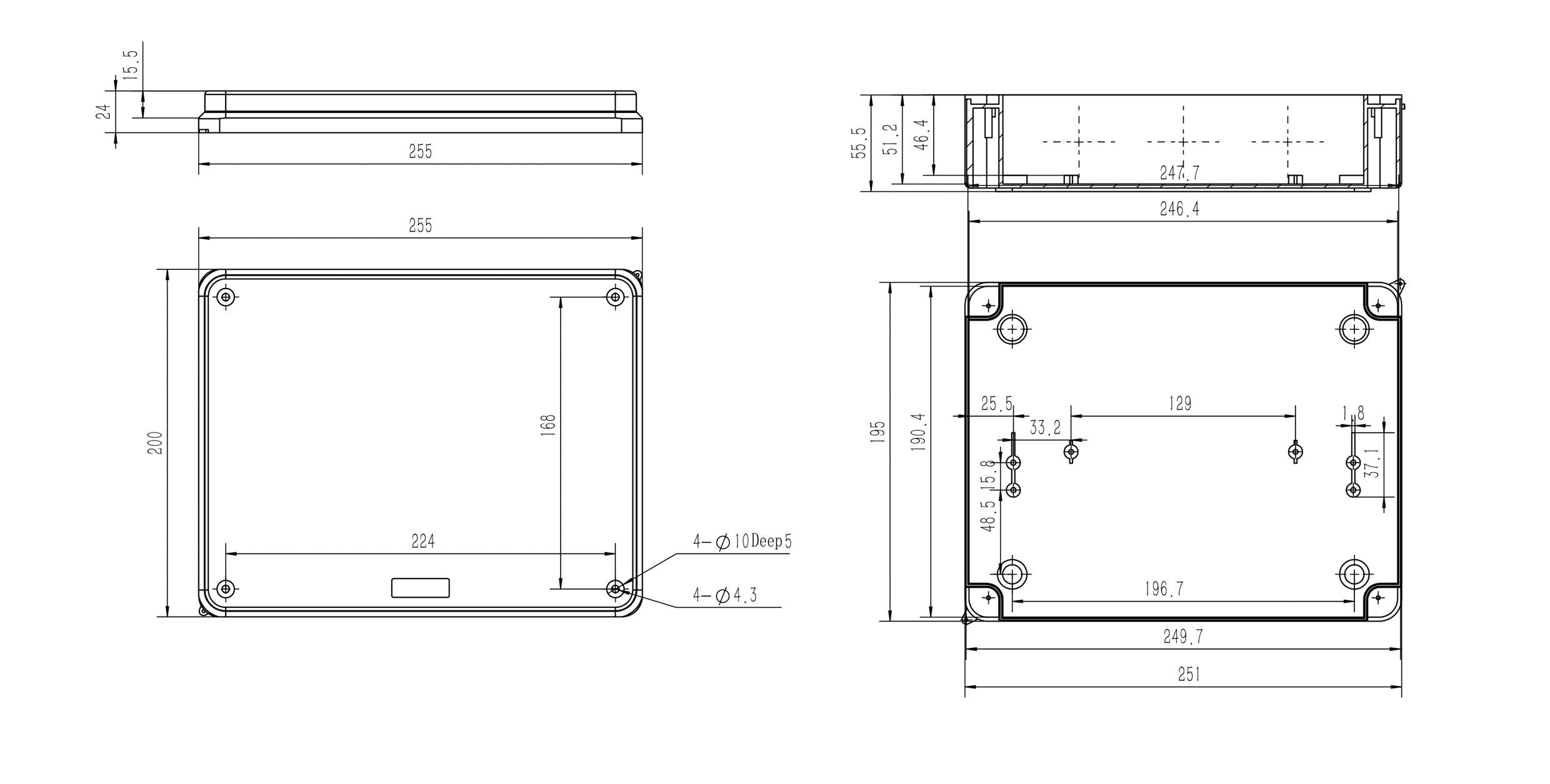 Dessin technique d'un boîtier rectangulaire. Dimensions : 255 mm de largeur, 200 mm de hauteur, 57 mm de profondeur. Trous de vis et dimensions intérieures indiqués.