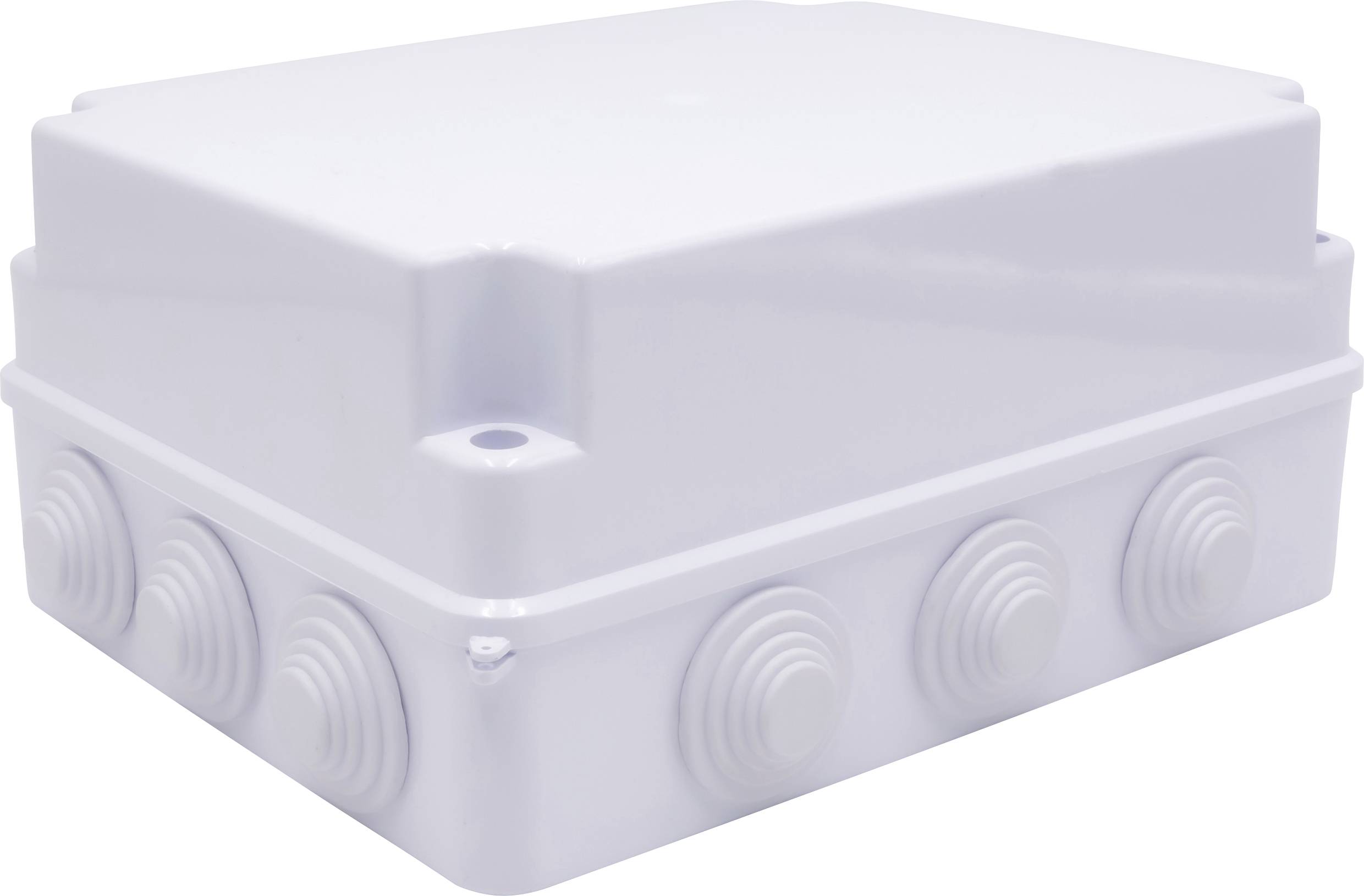 Boîte de jonction en plastique blanc avec plusieurs ouvertures pour câbles sur les côtés, adaptée aux installations électriques.