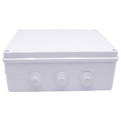 Un boîtier en plastique blanc, rectangulaire avec des angles arrondis et trois entrées de câbles rondes sur la face avant.