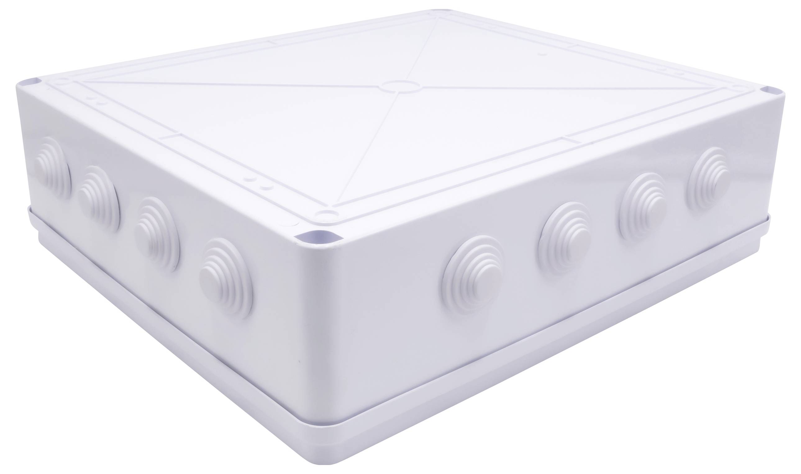 Boîte en plastique blanc, carrée, avec des coins arrondis et plusieurs découpes circulaires sur les côtés, probablement un boîtier de distribution.