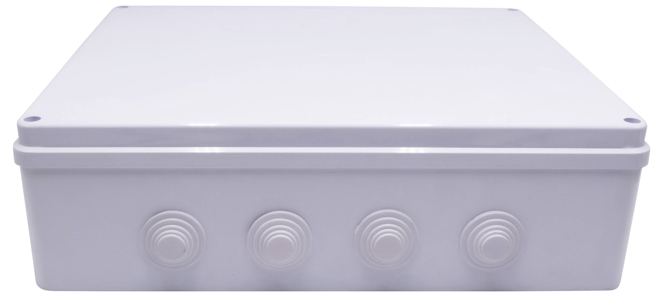 Un boîtier électrique blanc carré avec plusieurs connexions rondes sur la façade, adapté pour les branchements de câbles.