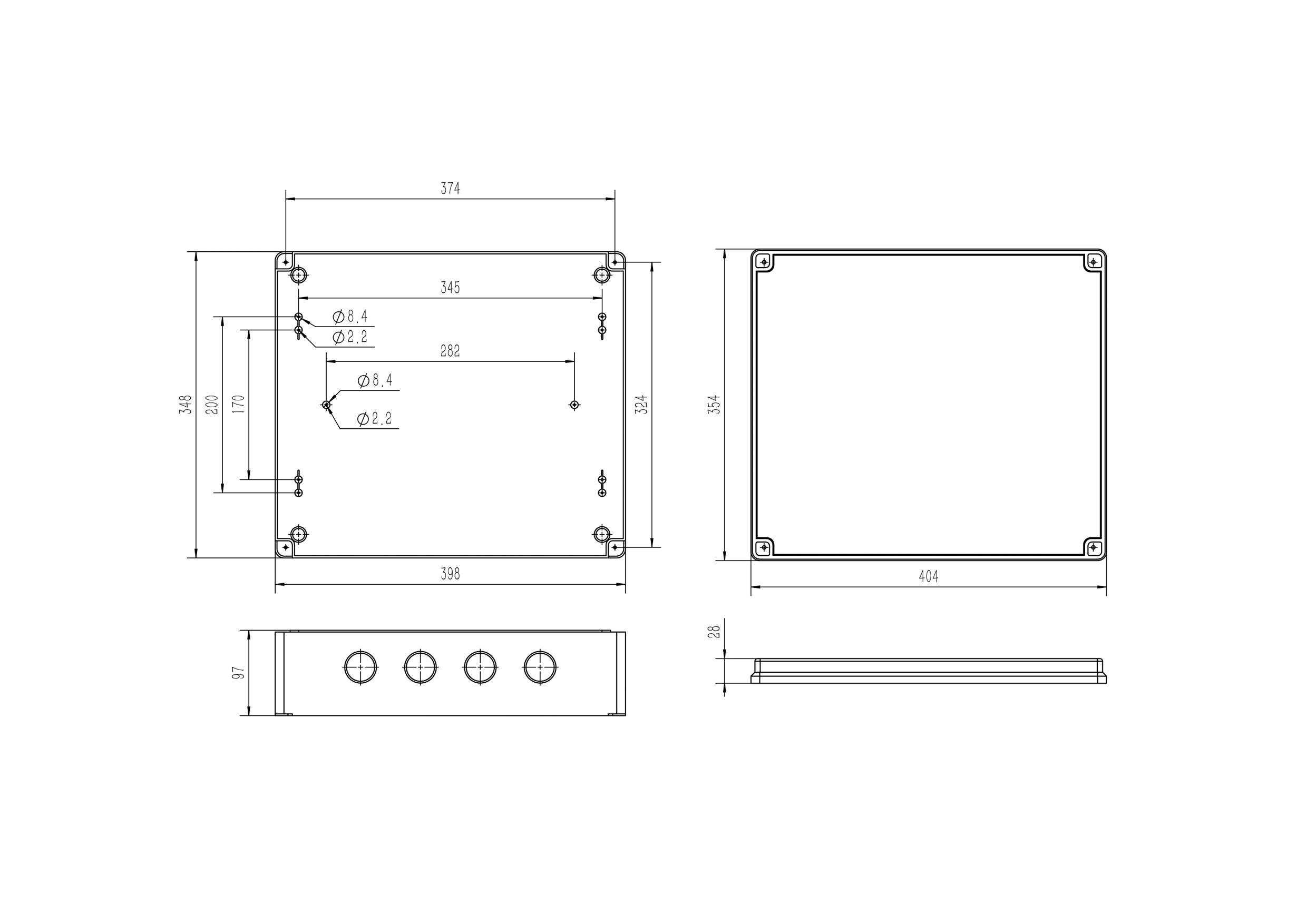 Dessin technique d'un boîtier rectangulaire avec dimensions. Des vues de dessus et latérales indiquent les tailles détaillées en millimètres.