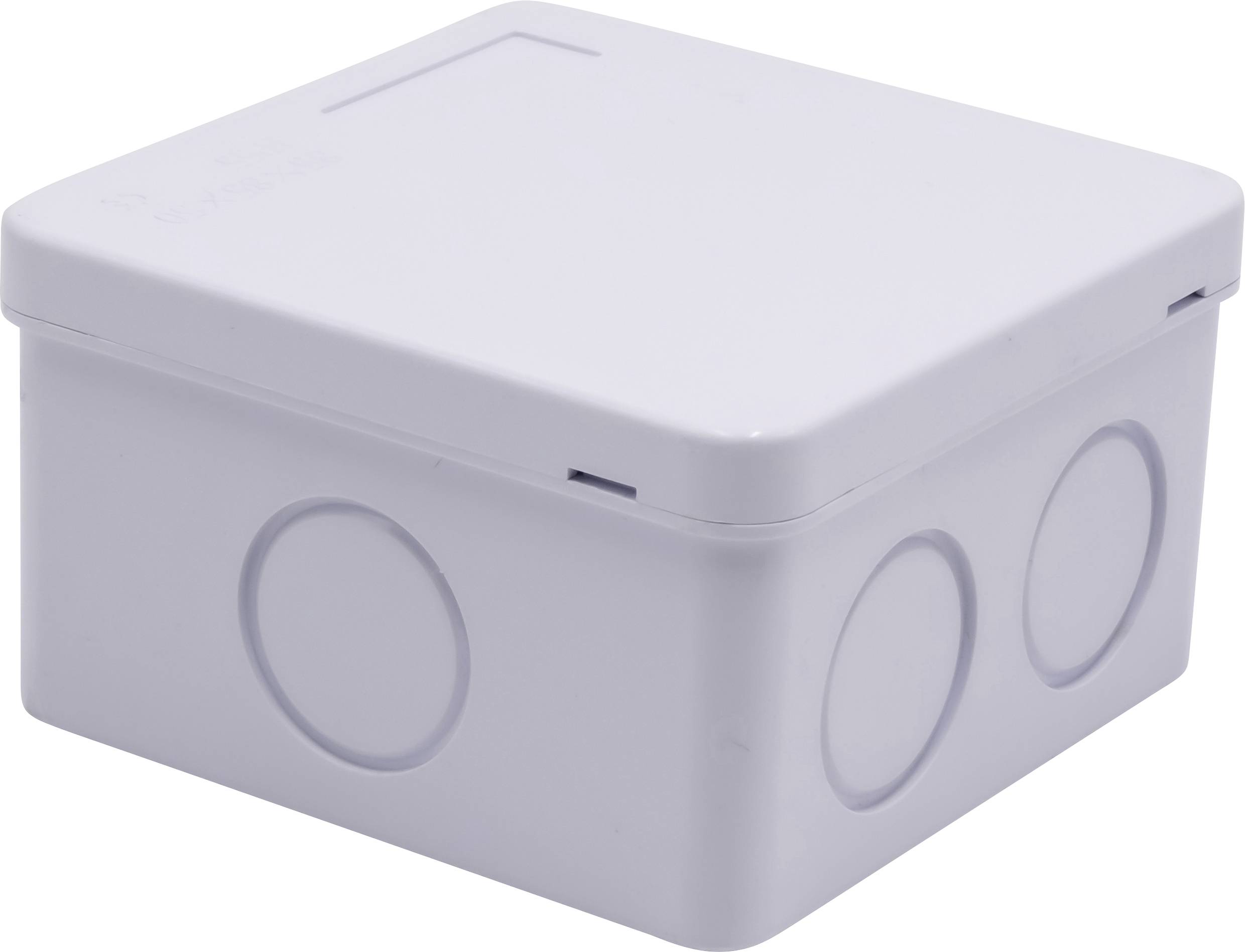 Une boîte en plastique blanc rectangulaire avec un couvercle amovible et des enfoncements circulaires sur les côtés. Adaptée aux applications électriques.