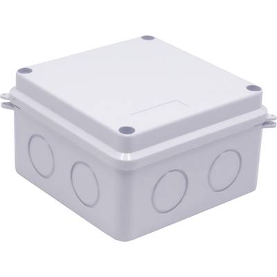 Un boîtier rectangulaire blanc en plastique avec un couvercle amovible, quatre trous de vis, et des découpes rondes sur les côtés.