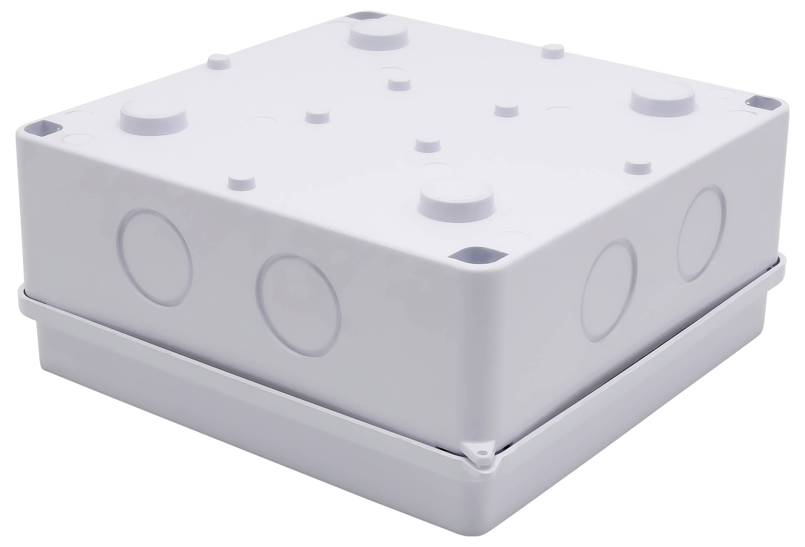 Boîte de raccordement en plastique blanc avec plusieurs découpes circulaires sur tous les côtés, utilisée pour les connexions électriques.