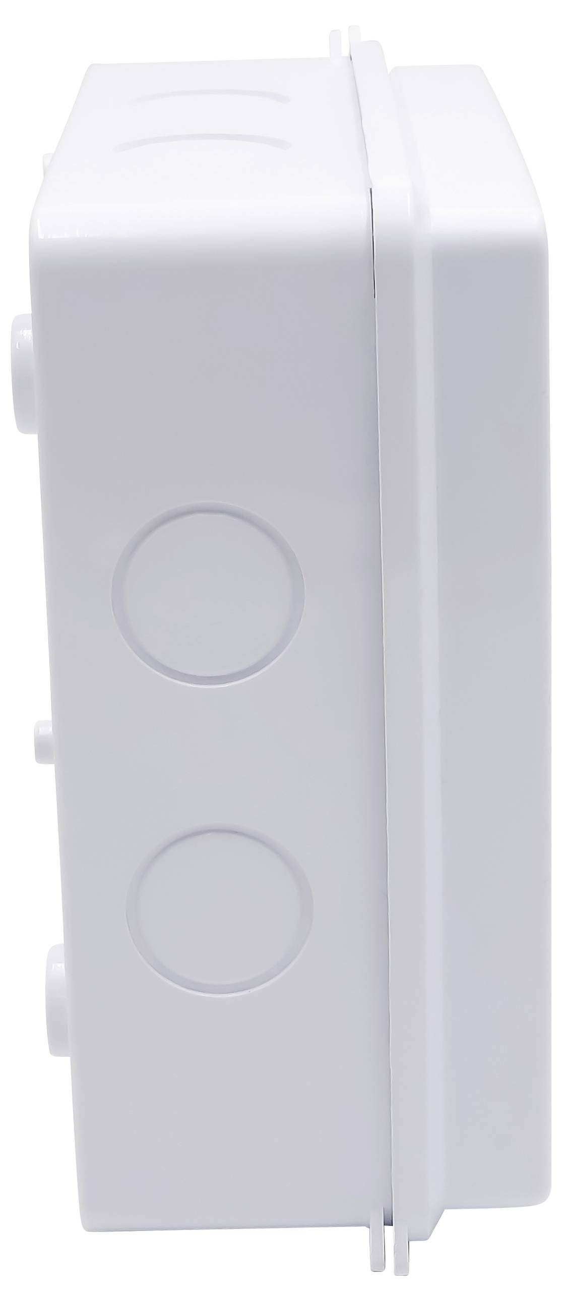 Une prise électrique blanche rectangulaire, vue de côté. Des perforations rondes sont clairement mises en évidence.