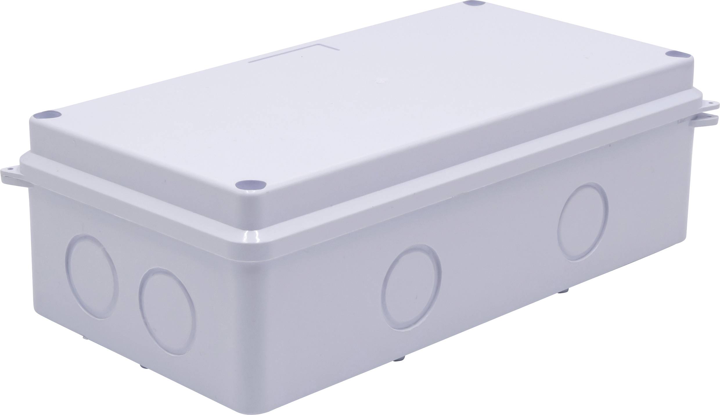 Boîte de raccordement rectangulaire en plastique grise, avec des découpes rondes sur les côtés, destinée aux installations électriques.