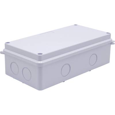 Boîte de raccordement rectangulaire en plastique grise, avec des découpes rondes sur les côtés, destinée aux installations électriques.