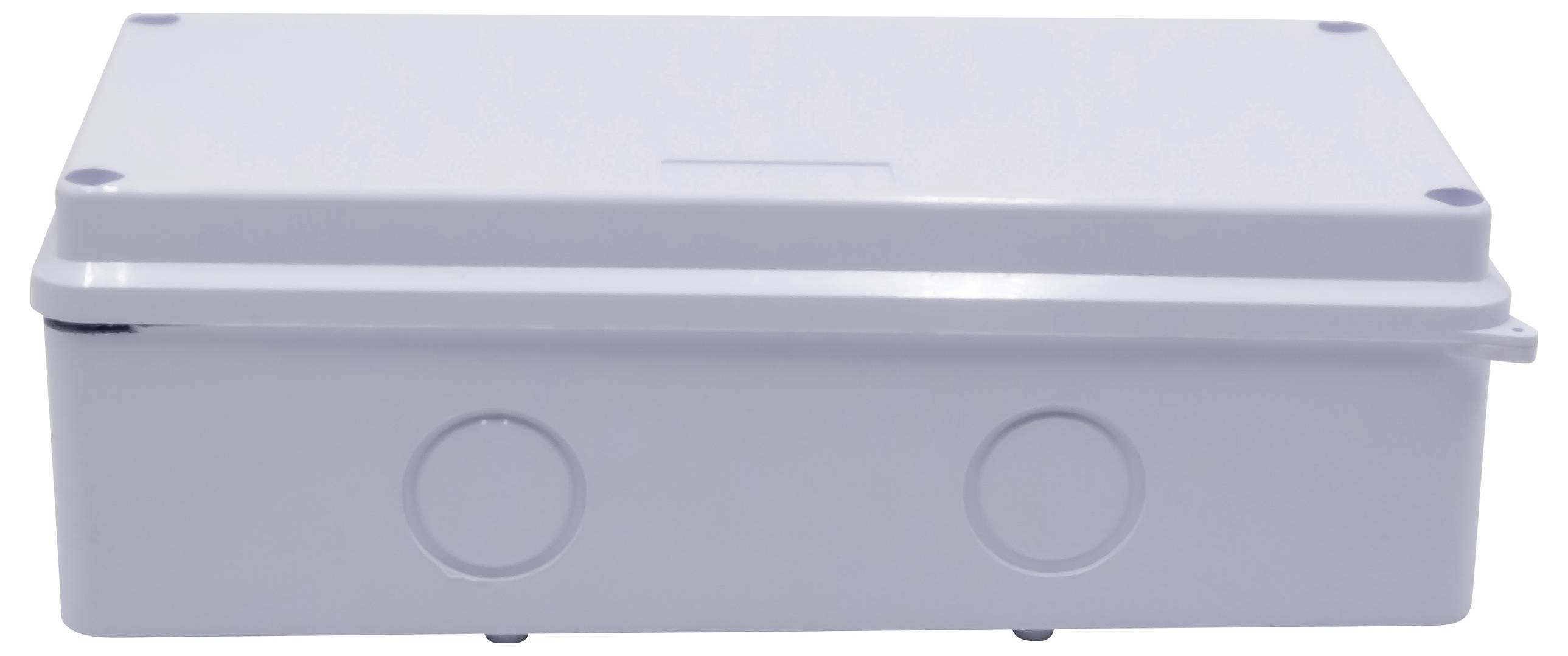 Une boîte en plastique grise, rectangulaire, aux coins arrondis et portant deux marquages circulaires sur le côté.
