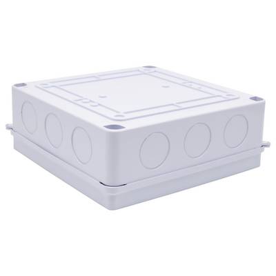 Boîte de connexion électrique blanche avec plusieurs entrées perforées sur les côtés pour les câbles, sur un fond neutre.