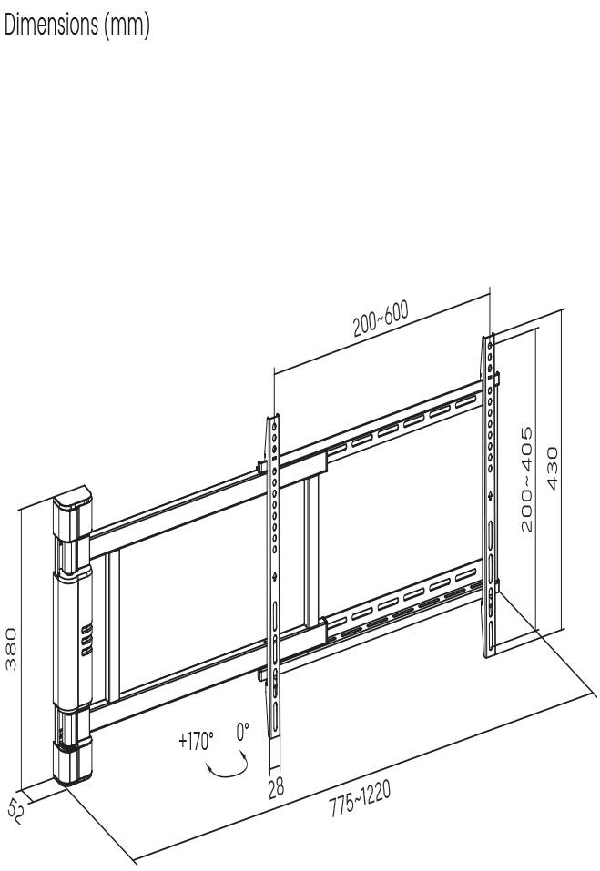 Dimensions du support en mm : hauteur 430, côtés réglables 775-1220, largeur réglable 200-600. Pivotant jusqu'à 170 degrés.