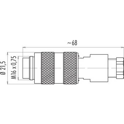 Dessin technique d'un connecteur fileté M16 x 0,75, diamètre extérieur de 21,5 mm et longueur d'environ 68 mm.