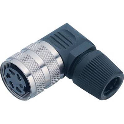 'Connecteur d'angle avec boîtier métallique et embout en plastique noir, adapté aux connexions de câbles dans des applications industrielles.'