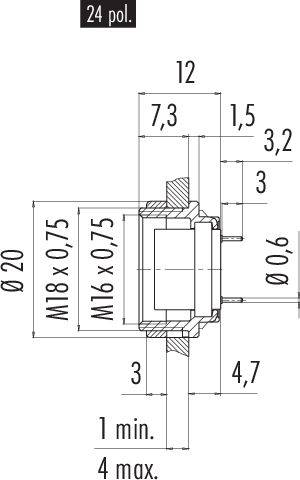 Dessin technique d'un connecteur avec dimensions : Diamètre 20 mm, Filetage M18 x 0,75. Vue latérale détaillée.
