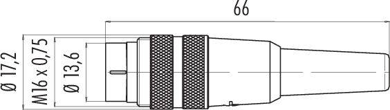 Dessin d'un connecteur avec dimensions : longueur totale 66 mm, diamètre 17,2 mm, taille de filetage M16 x 0,75 mm, diamètre 13,6 mm.