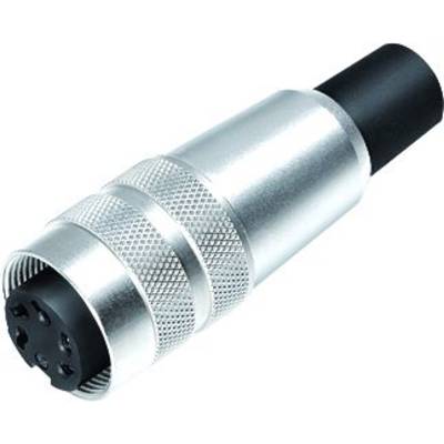 Un connecteur cylindrique argenté à broches multiples avec une extrémité noire, souvent utilisé pour les connexions électriques.