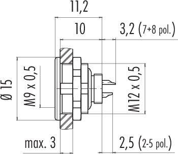 Dessin technique d'un connecteur avec dimensions. Diamètre 15 mm, profondeur 11,2 mm, hauteur maximale 3 mm. Filetage M9 et M12.