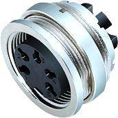 Connecteur métallique rond avec plusieurs douilles circulaires noires. Adapté pour les connexions électriques.