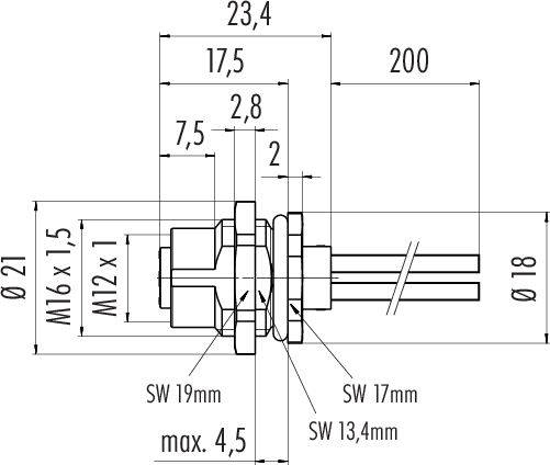 Dessin technique d'un connecteur cylindrique avec des dimensions en millimètres, montrant des détails spécifiques de filetage et de clé.