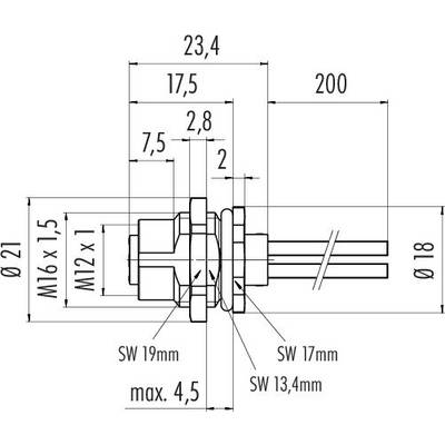 Dessin technique d'un connecteur cylindrique avec des dimensions en millimètres, montrant des détails spécifiques de filetage et de clé.