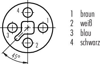 La figure montre une fiche à quatre broches avec la répartition des broches : 1 marron, 2 blanc, 3 bleu, 4 noir. Angle de 45 degrés indiqué.