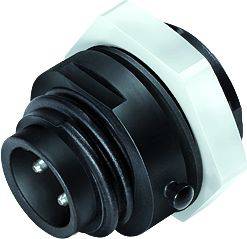 Un connecteur cylindrique noir avec plusieurs broches de connexion et une vis de fixation blanche.