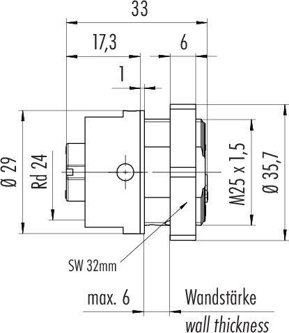 Dessin technique d'une pièce cylindrique avec dimensions : diamètre 29 mm, longueur 33 mm, largeur de clé 32 mm, épaisseur maximale de paroi 6 mm.