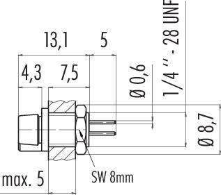 Dessin technique d'un adaptateur fileté avec dimensions : longueur totale 13,1 mm, diamètre 8,7 mm, filetage intérieur 1/4''-28 UNF.