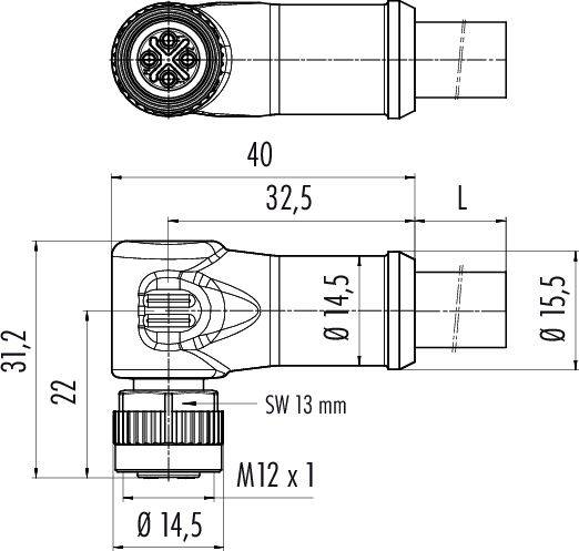 Dessin technique d'une fiche coudée avec dimensions : Longueur 40 mm, diamètre 15,5 mm, largeur de clé 13 mm, filetage M12 x 1.