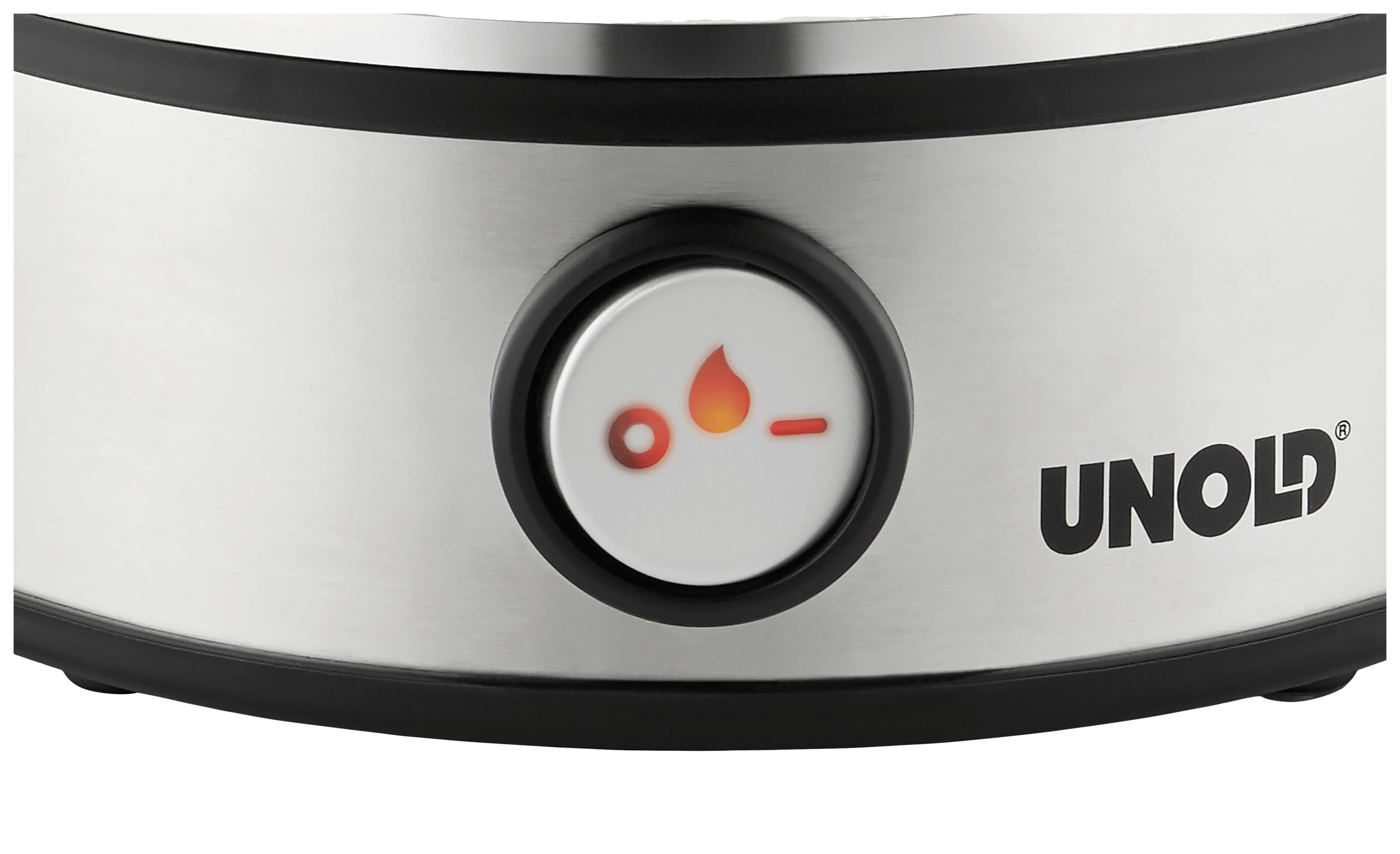 Un bouton rond avec un symbole chauffant indique le voyant de fonctionnement. À côté, le logo de la marque UNOLD sur un boîtier en acier inoxydable.