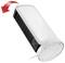 Un chauffage électrique blanc avec une grille de ventilation noire et une flèche rouge indiquant la fonction d'inclinaison vers l'avant.