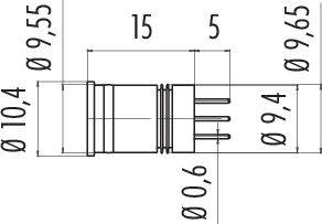 Dessin technique d'une fiche avec dimensions : Longueur 15 mm, diamètre 10,4 mm et 9,4 mm. Montre les contacts et le boîtier de la fiche.