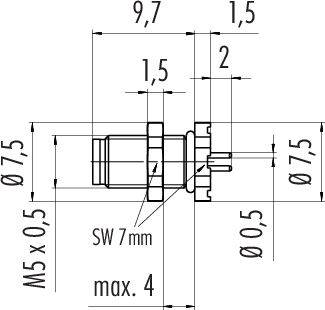 Dessin technique d'un composant cylindrique avec les dimensions suivantes : diamètre 9,7 mm, longueur 7,5 mm, filetage M5 x 0,5, largeur de clé 7 mm.