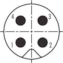 Schéma d'un connecteur à 4 broches, numéroté de 1 à 4 dans le sens des aiguilles d'une montre. Les cercles représentent les positions des broches.