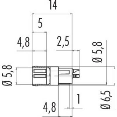Dessin technique d'un connecteur avec dimensions : largeur totale 14 mm, autres mesures à 5, 4,8 et 1 mm indiquées.