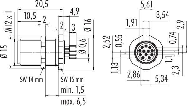 Dessin technique d'un connecteur. Présente les dimensions et les détails de connexion : diamètre, filetage M12x1, disposition des broches.